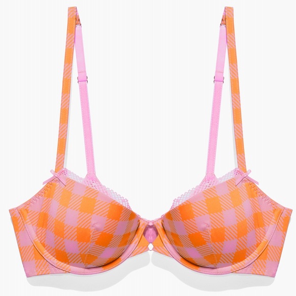 SAVAGE X Fenty Gingham Remix Low-Cut Balconette Bra SZ 36D Orange Pink NWT - Picture 4 of 6